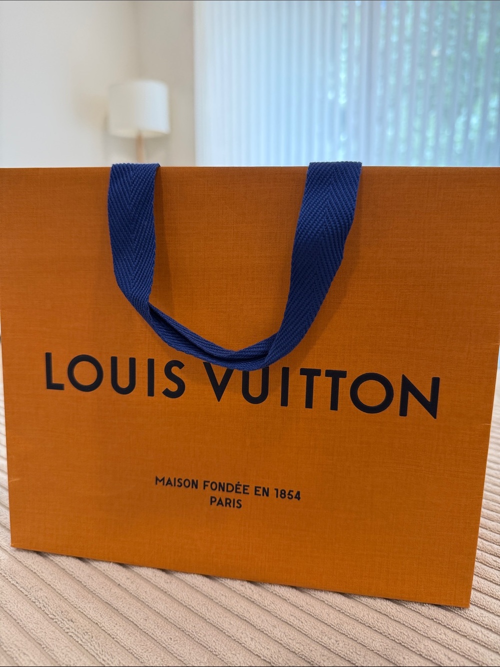Louis Vuitton Orange Paper Shopping Bag with Blue Handles
